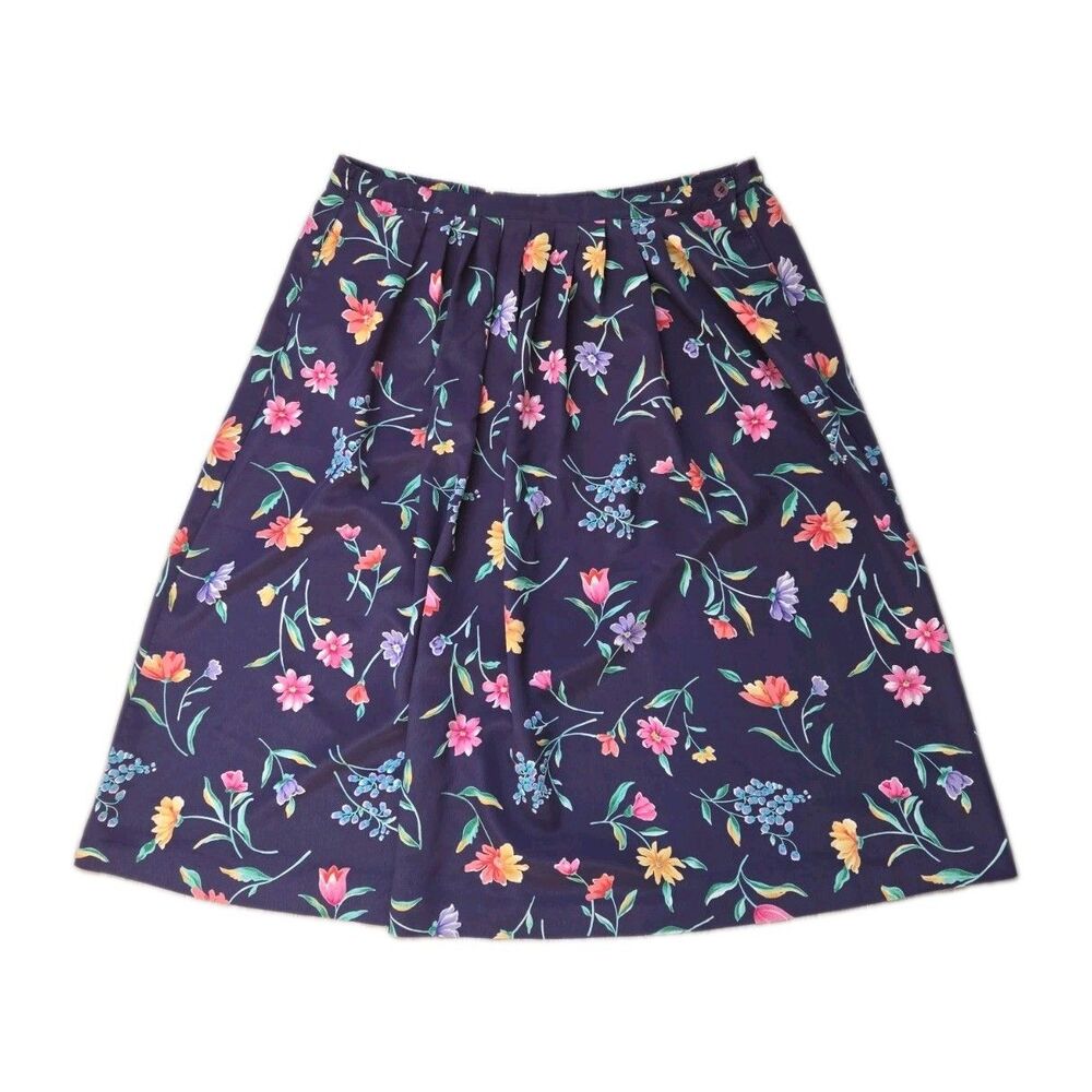VTG Alfred Dunner Navy Floral Pleated Midi Skirt Elastic Waist Petite 12 EUC